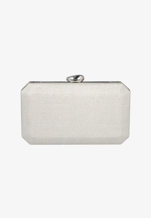 Bolso de mano rectangular plateado con tejido texturizado, marco de metal plateado y cierre redondeado plateado en la parte superior.