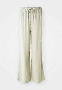Pantalon beige clair à jambes larges avec taille élastique et cordon de serrage à l'avant, présenté sur fond blanc uni.
