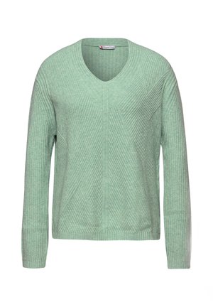 Suele verde menta con cuello en V, diseño texturizado de canalé, mangas largas y detalles de patrón diagonal en la parte frontal.
