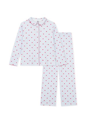Wit pyjamaset met lange mouwen, dunne blauwe strepen en kleine rode hartjes, met een button-up top met een afgeronde kraag en bijpassende broek.