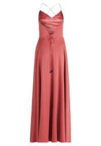 Długa, bezrękawna sukienka w odcieniu różu. Posiada krzyżujące się ramiączka, dopasowaną górę i zwiewny dół z kokardą w pasie.