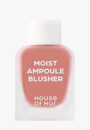 Kleine mattierte Flasche mit weißem Deckel, die eine rosa Flüssigkeit enthält, beschriftet Moist Ampoule Blusher von House of Hur.