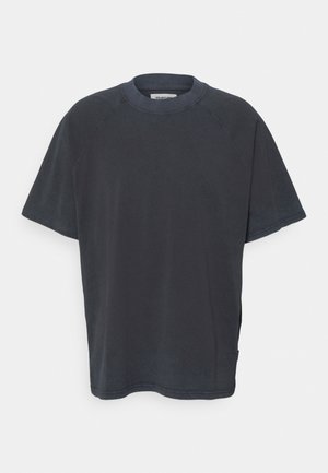 Donkergrijze korte mouw t-shirt met een ronde halslijn, raglan mouwen en zijsplitten, gemaakt van een zachte, gestructureerde stof.