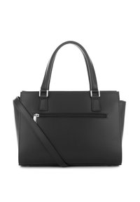 Borsa a mano in pelle sintetica nera con doppi manici superiori, tracolla regolabile e tasca anteriore con zip. Forma rettangolare e design minimalista.