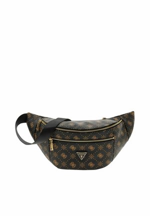 Sac banane de créateur à motifs noirs et marron avec des fermetures éclair dorées et une sangle noire réglable, arborant le logo Guess à l'avant.