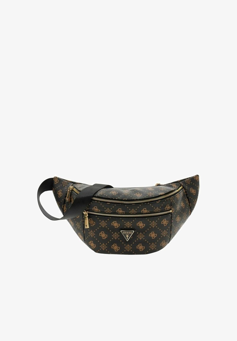 Sac banane de créateur à motifs noirs et marron avec des fermetures éclair dorées et une sangle noire réglable, arborant le logo Guess à l'avant.