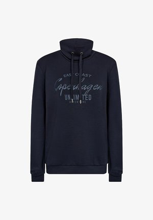 Sudadera de cuello alto en color navy, con cordones ajustables y estampado frontal que dice "Aventura Ilimitada de la Costa Este de Copenhague."