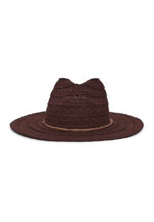 Cappello da sole marrone a tesa larga, intrecciato con texture a strati e una sottile fascia attorcigliata alla base della corona.