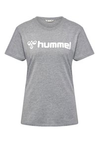 Grå kortærmet t-shirt i bomuld med et hvidt "hummel" logo på tværs af brystet, rund halsudskæring og en afslappet pasform.