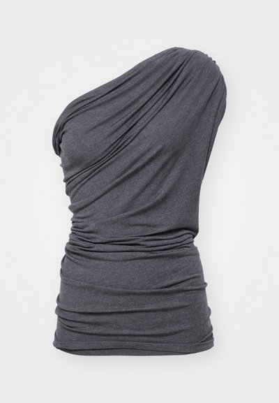 Dark gray one-shoulder top made of soft fabric. Features gathered texture and draping design for a fitted silhouette.