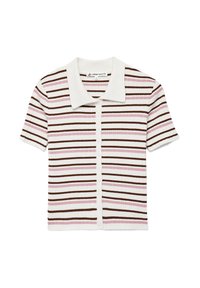 Polo de manga corta con textura acanalada y cierre de botones, con rayas horizontales en colores marrón, rosa y blanco. Textura suave.