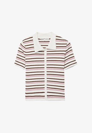 Ribbet kortærmet polo med knaplukning, der har horisontale striber i brun, pink og hvid. Blød tekstur.