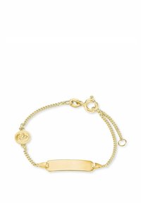 Bracciale in oro con un'etichetta rettangolare liscia, caratterizzato da un design a catena, un ciondolo circolare e un gancio a granchio.