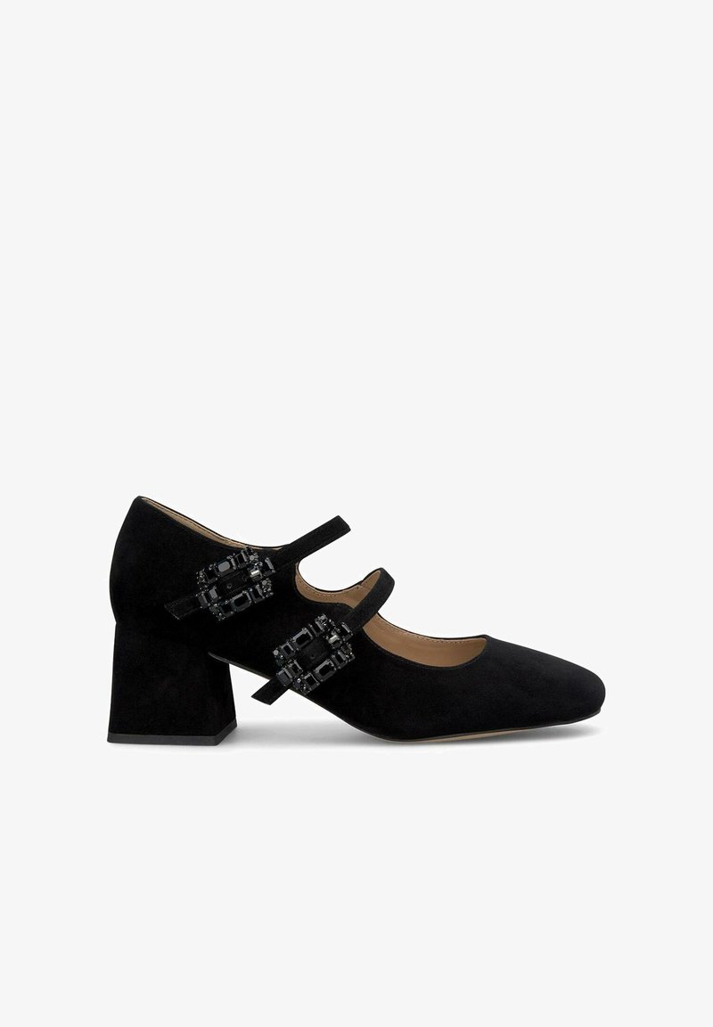 Black suede block-heeled shoes with pointed toes, featuring two adjustable straps adorned with decorative buckles.