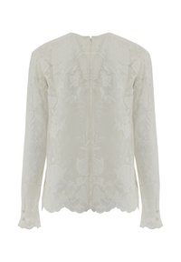 Weiße Bluse mit langen Ärmeln, die aufwendige florale Stickerei, einen hohen Ausschnitt, eine Schlüssellochöffnung im Rücken und dekorative Knöpfe an den Bündchen aufweist.