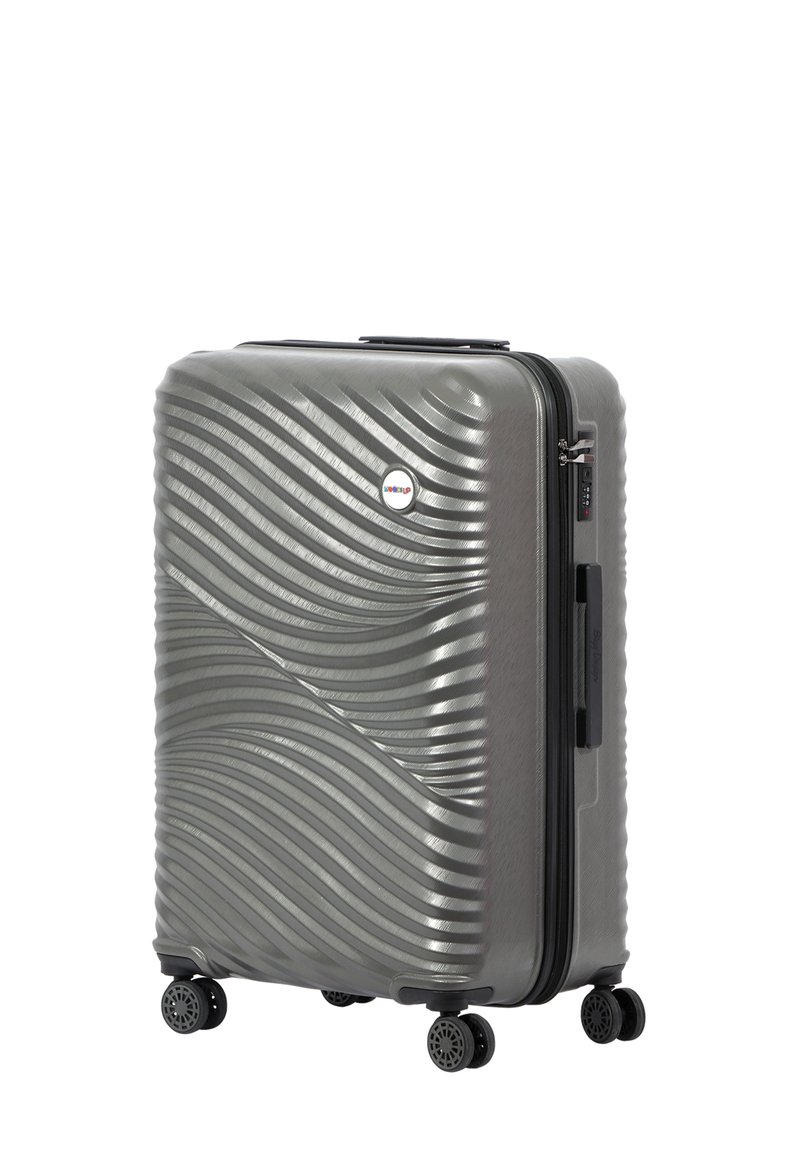 Hard-shell suitcase in a textured wave pattern, metallic gray finish. Features double wheels and a combination lock on the side.