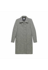 Abrigo de cuadros en gris y negro, con cuello, mangas largas, dos bolsillos laterales y un diseño de corte recto. Textura suave.