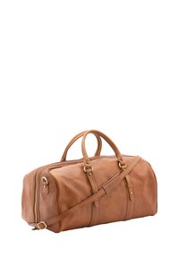 Borsa da viaggio in pelle marrone con doppi manici, cinturino regolabile e accessori in tonalità dorata. Texture liscia e forma arrotondata.