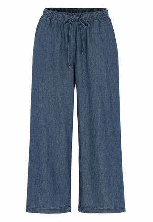 Blå denim bukser med brede ben, elastik i taljen og snøre foran.