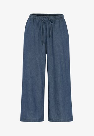 Leveälahkeiset siniset denimhousut, joissa on joustava vyötärönauha ja edessä kiristysnauha.