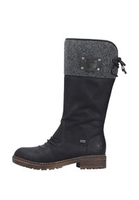 Bota de cuero negro hasta la rodilla con un puño de fieltro gris, superficie texturada, detalle de encaje en el lateral y un tacón apilado marrón. Acentos de hardware plateado.