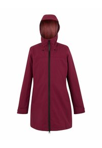 Veste de pluie longue bordeaux avec capuche, fermeture éclair noire intégrale à l'avant et poignets ajustables, présentée sur fond blanc.