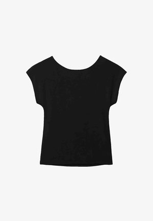 Schwarzes Kurzarmoberteil mit weit ausgeschnittener Halslinie und lockerer Passform. Hergestellt aus weichem Stoff ohne sichtbare Muster oder Verzierungen.