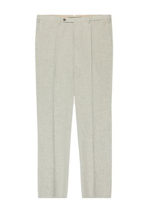 Pantaloni su misura beige chiaro con passanti per cintura, chiusura frontale con bottone, tasche laterali e design a taglio slim.