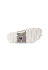 Beige skosål med en struktureret overflade, udstyret med en hvid gummisål. Bemærkelsesværdig logodetalje i midten, fremhævet af en let kurve.