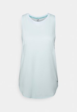 Jasnoniebieska, bezrękawnikowa sportowa bluzka wykonana z miękkiego materiału, z okrągłym dekoltem i lekko zaokrąglonym dołem. Subtelne logo na dole.