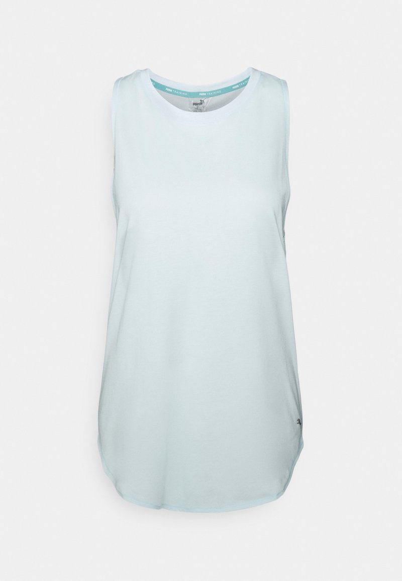 Jasnoniebieska, bezrękawnikowa sportowa bluzka wykonana z miękkiego materiału, z okrągłym dekoltem i lekko zaokrąglonym dołem. Subtelne logo na dole.
