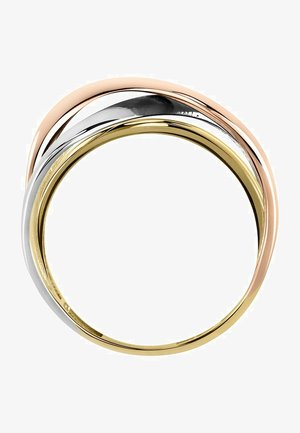 Three interlocking rings in rose gold, silver, and yellow gold, featuring smooth, polished surfaces and a seamless, contemporary design.