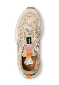 Beige sneaker with a textured plaid upper, cream accents, pink and orange details, and a cork insole. Features textured laces and branding.