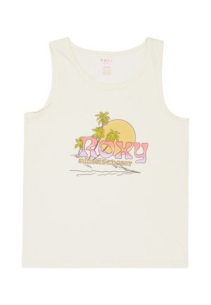 Witte mouwloze top met een pastelkleuren "ROXY" logo, palmbomen, gele zon en de tekst "sunsets chaser" in een strandthema-ontwerp.