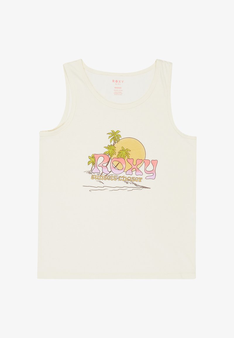 Haut sans manches blanc avec un logo "ROXY" pastel, des palmiers, un soleil jaune et le texte "sunsets chaser" dans un design à thème plage.