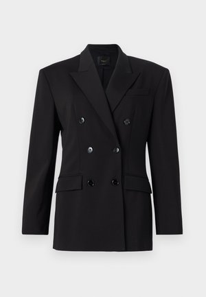 Melnas dubultās krūšu žaketes ar iegriezumu, divām priekšējām kabatām un četriem melniem pogām, kas izgatavota no gludas, teksturētas auduma.
