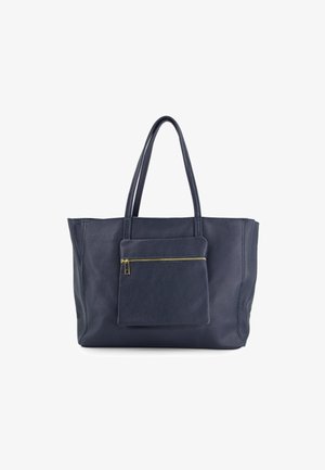 Navy leather tote bag with two long handles, featuring an external zipped pocket. Textured finish with a rectangular shape.