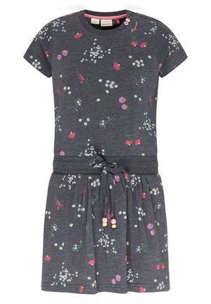 Donkergrijze jurk met korte mouwen, roze en witte bloemenprint, taille met trekkoord en twee roze knopen bij de halslijn.