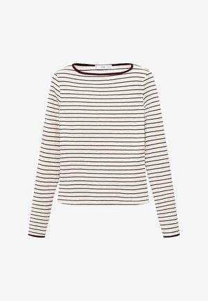 Long-sleeve, cream-colored shirt with narrow horizontal black stripes and dark trim on the round neckline and cuffs.