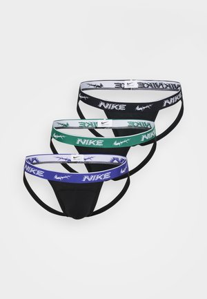 Drei Paare Nike Tangas in Schwarz, Grün und Lila. Jedes Paar verfügt über einen Logo-Bund an der Taille und ist aus einem glatten, dehnbaren Stoff gefertigt.