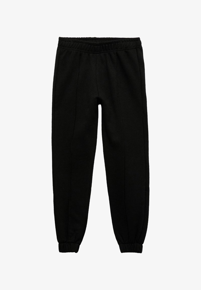 Black jogger pants made of soft, stretchy fabric. Features an elastic waistband and cuffed ankles with side seam details.