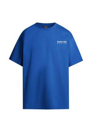 Niebieska bawełniana koszulka z okrągłym dekoltem i krótkimi rękawami. Zawiera biały nadruk logo "Red Bull Racing" z przodu.
