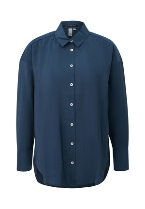 Donkerblauw overhemd met lange mouwen, knoopsluiting, kraag en witte knopen, met een licht afgeronde zoom en een ontspannen pasvorm.