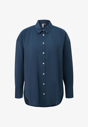 Donkerblauw overhemd met lange mouwen, knoopsluiting, kraag en witte knopen, met een licht afgeronde zoom en een ontspannen pasvorm.