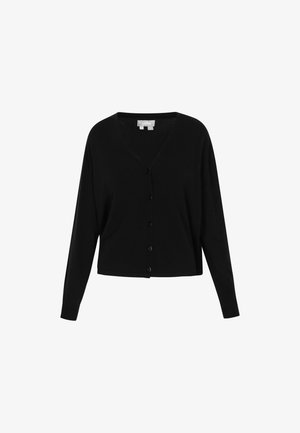 Zwarte cardigan met een V-hals, lange mouwen en zes knopen aan de voorkant. Gemaakt van een zachte gebreide stof met een effen textuur. Korte pasvorm.