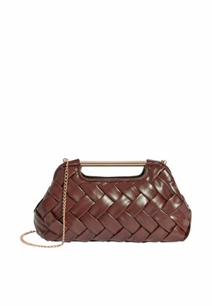 Brown woven leather clutch bag with gold-tone metal handle and detachable chain strap on white background.