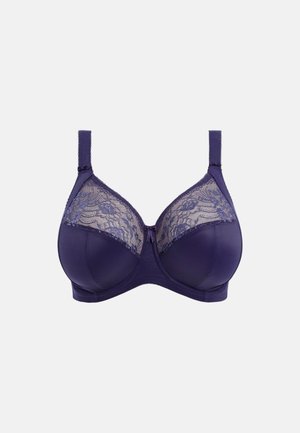 Sujetador morado de cobertura total con detalles de encaje floral en la parte superior de las copas, tirantes ajustables y un pequeño lazo frontal.