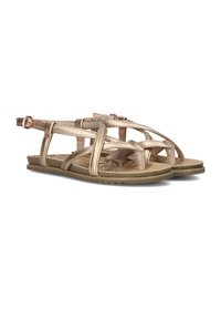 Gouden metallic sandalen met kruisbanden, verstelbare enkelgesp, gevoerd voetbed en een geplaatste rubberen zool voor grip.