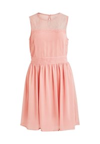 Růžové šaty bez rukávů s krajkovým živůtkem, skládanou sukní a elastickým pásem. Detail v zadní části ve tvaru klíčové dírky zvýrazňuje design.