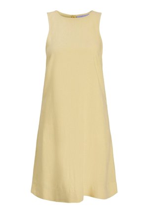Robe sans manches ligne A de couleur jaune pâle avec encolure ronde et fermeture éclair au dos.